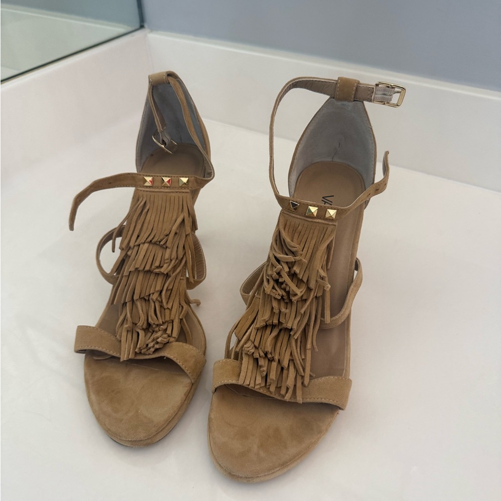 Vaneli Timar Camel Fringe Suede Sandals with Gold Studs